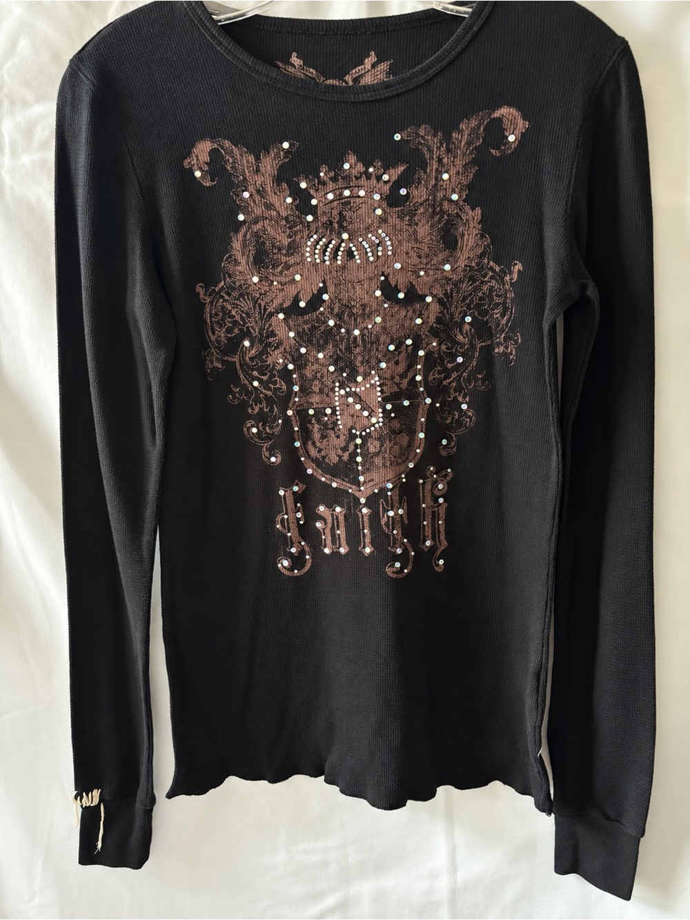 Miss Me Skull Rhinestone Thermal Top Black Long Sleeve M
